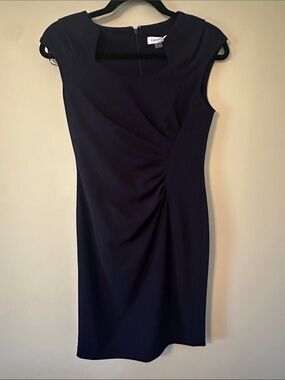Calvin Klein Dark Blue Cap-Sleeve Sheath Dress with Side Draping